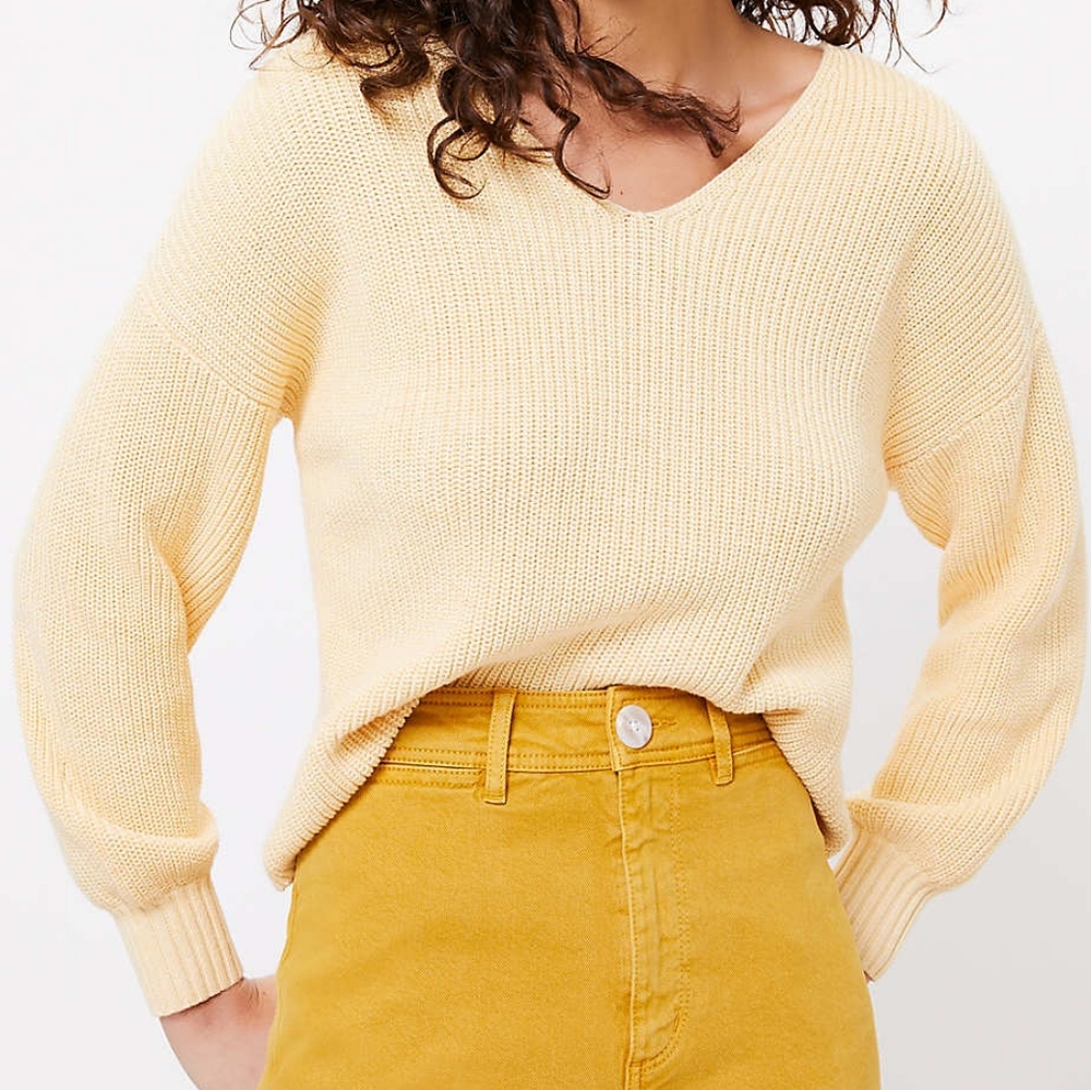 LOFT v neck ribbed relaxed fit sweater, large, yellow
